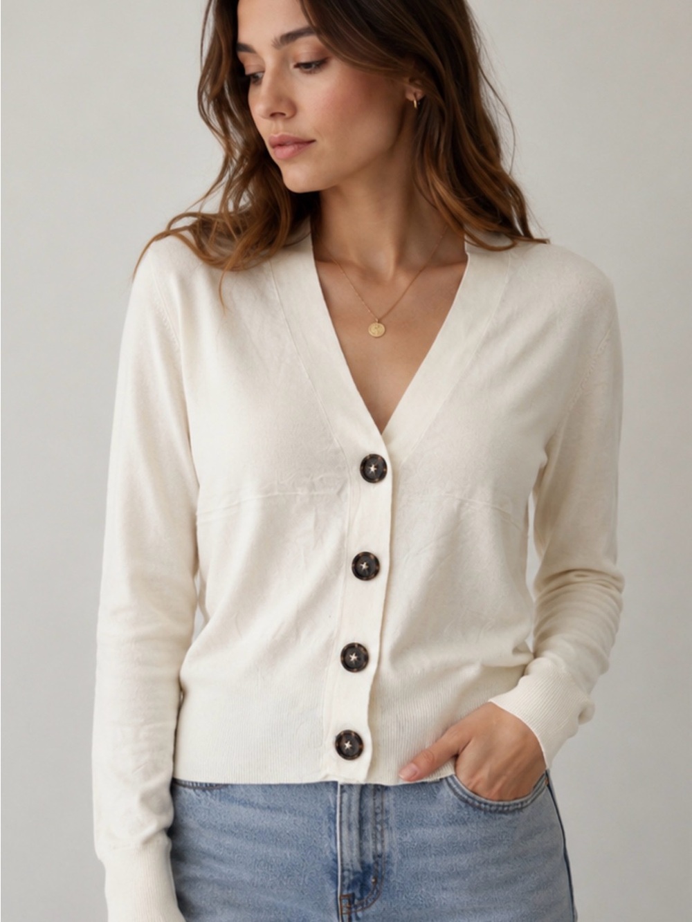 Zara White V-Neck Button Cardigan